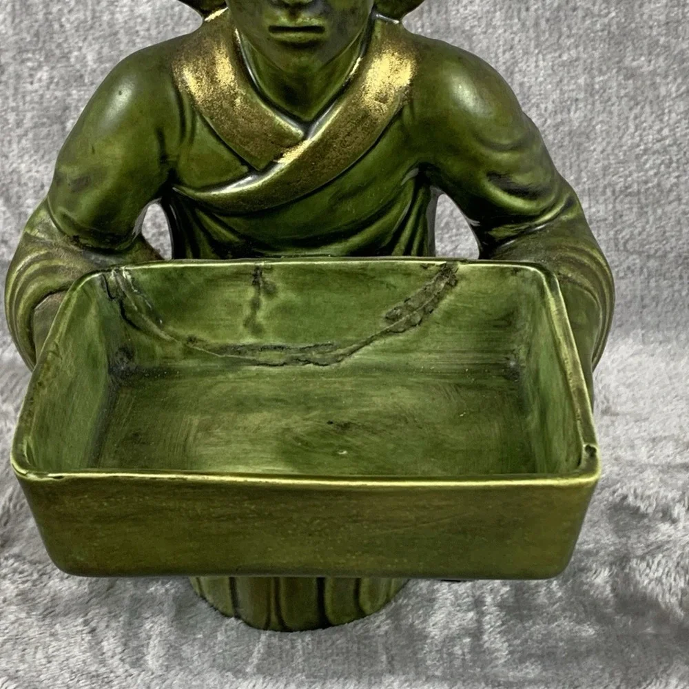 Vintage 1963 Figural Chinoiserie Trinket Box Gold Accented Green Signed Repaired